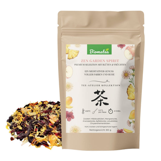 Zen Garden Spirit – Meditativer Früchtetee mit Lotusblättern & Mango (80g) – Tee-Atelier Edition