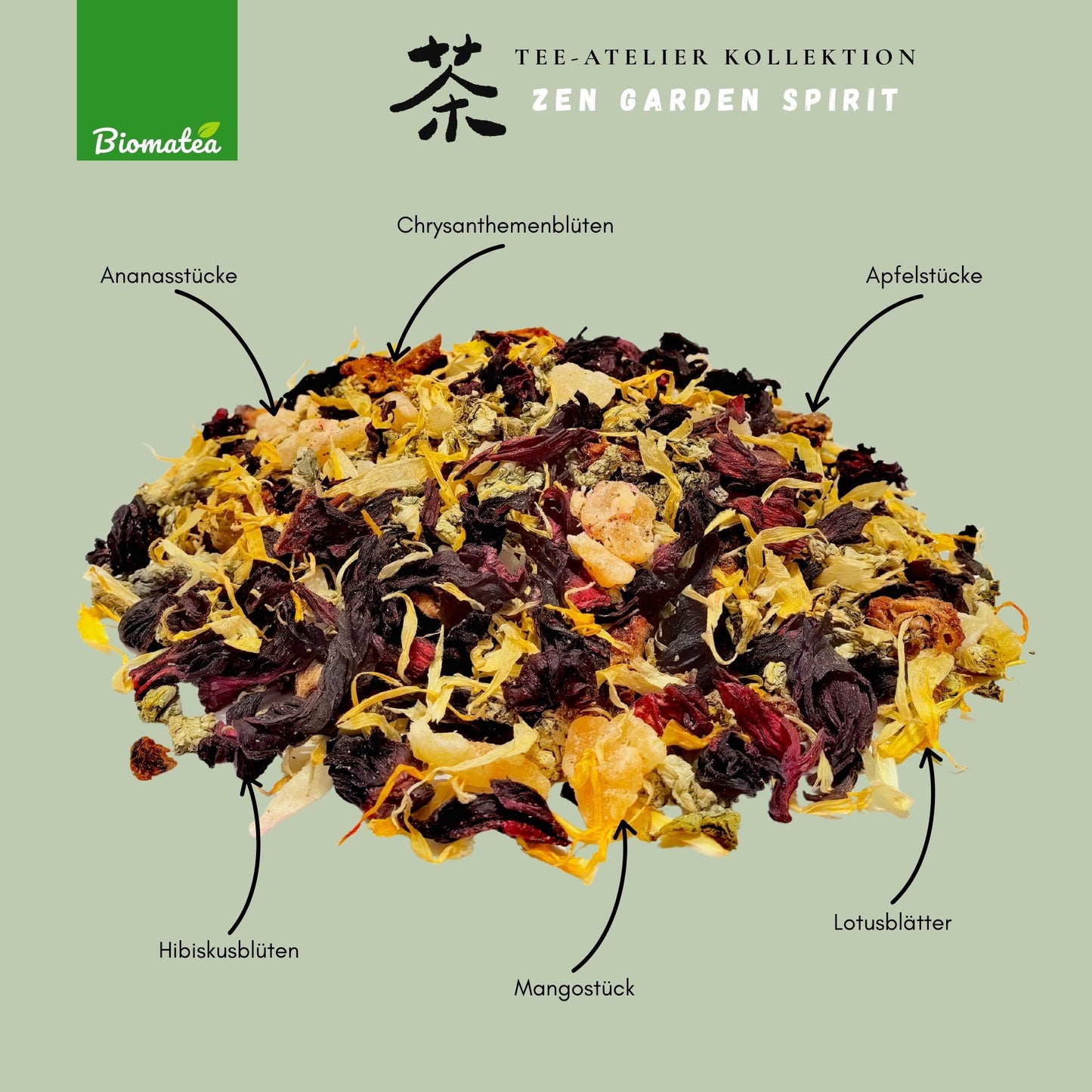 Zen Garden Spirit – Meditativer Früchtetee mit Lotusblättern & Mango (80g) – Tee-Atelier Edition